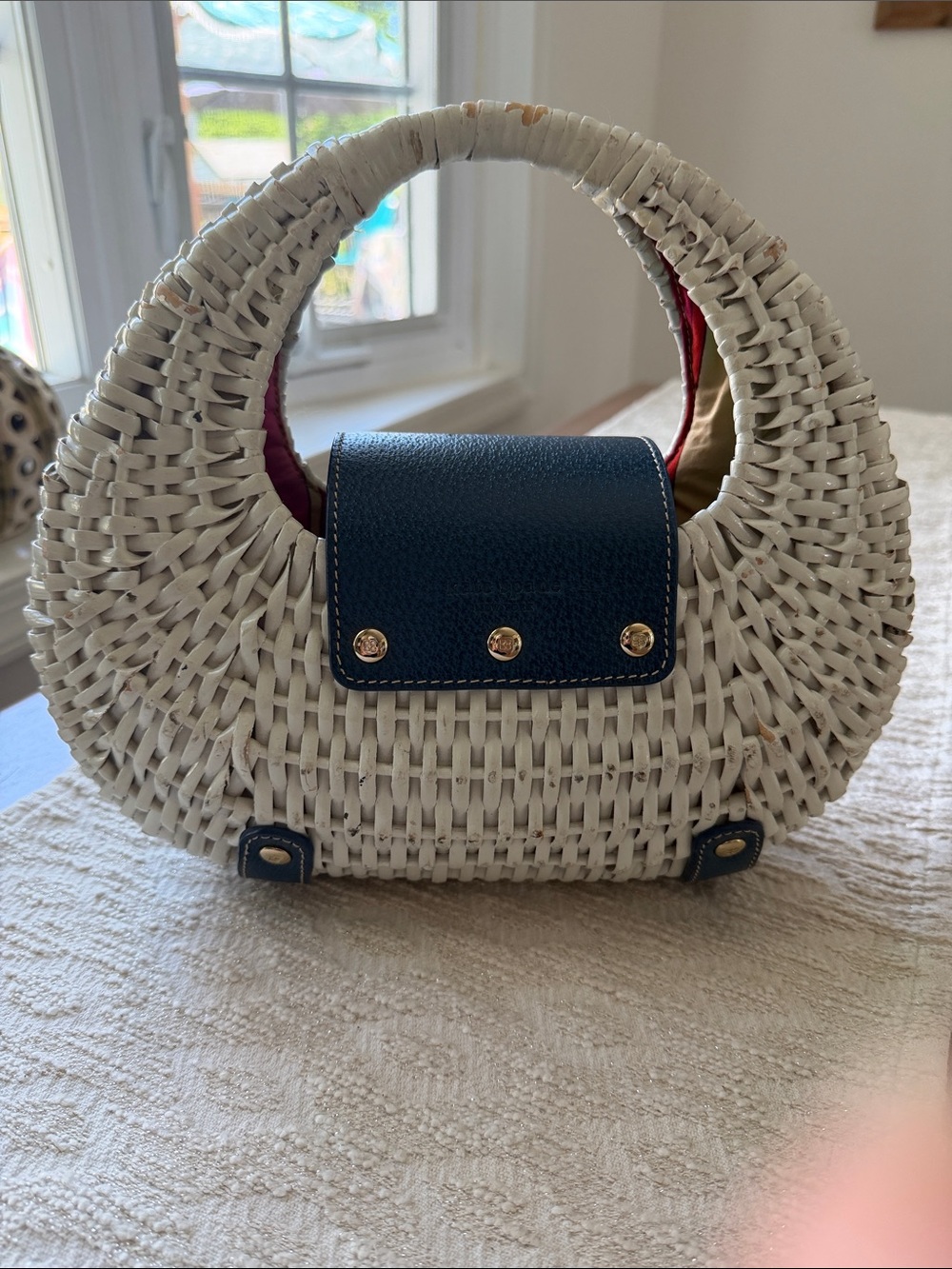 Kate Spade Rare Alek Santiago White Wicker & Blue Flap Over With Turn Lock Bag - Picture 6 of 16